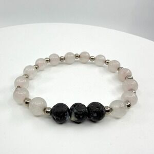 Pink Quartz Lava Rock Stretch Bracelet Boho Minimalist Natural Gemstone